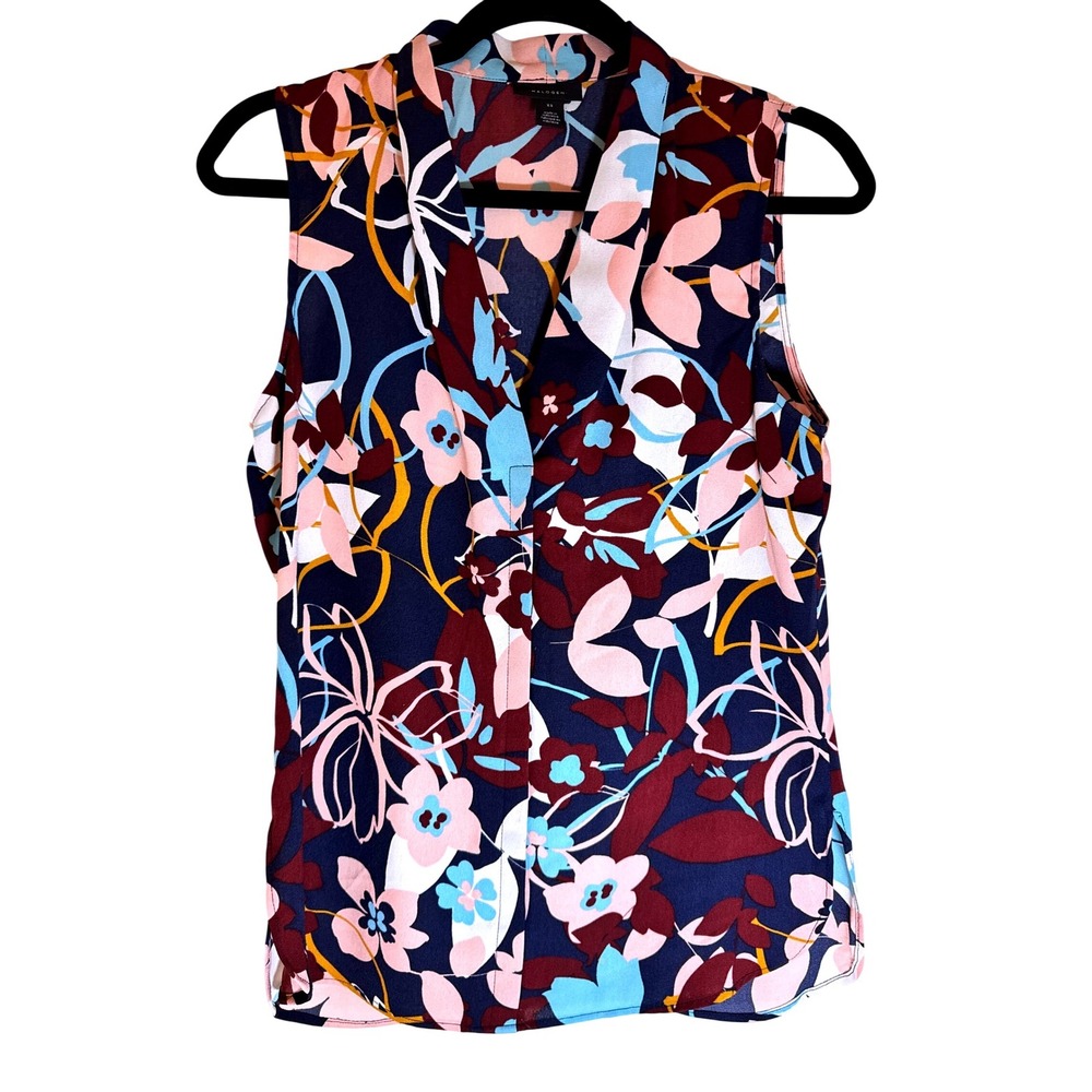 Halogen Sleeveless V Neck Floral Print‎ Blouse Top Navy Pink Blue XS
